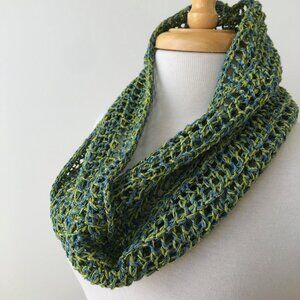 Hand Knit Cowl Scarf: Silk Cotton Paper Blend, Green Blue Infinity Loop
